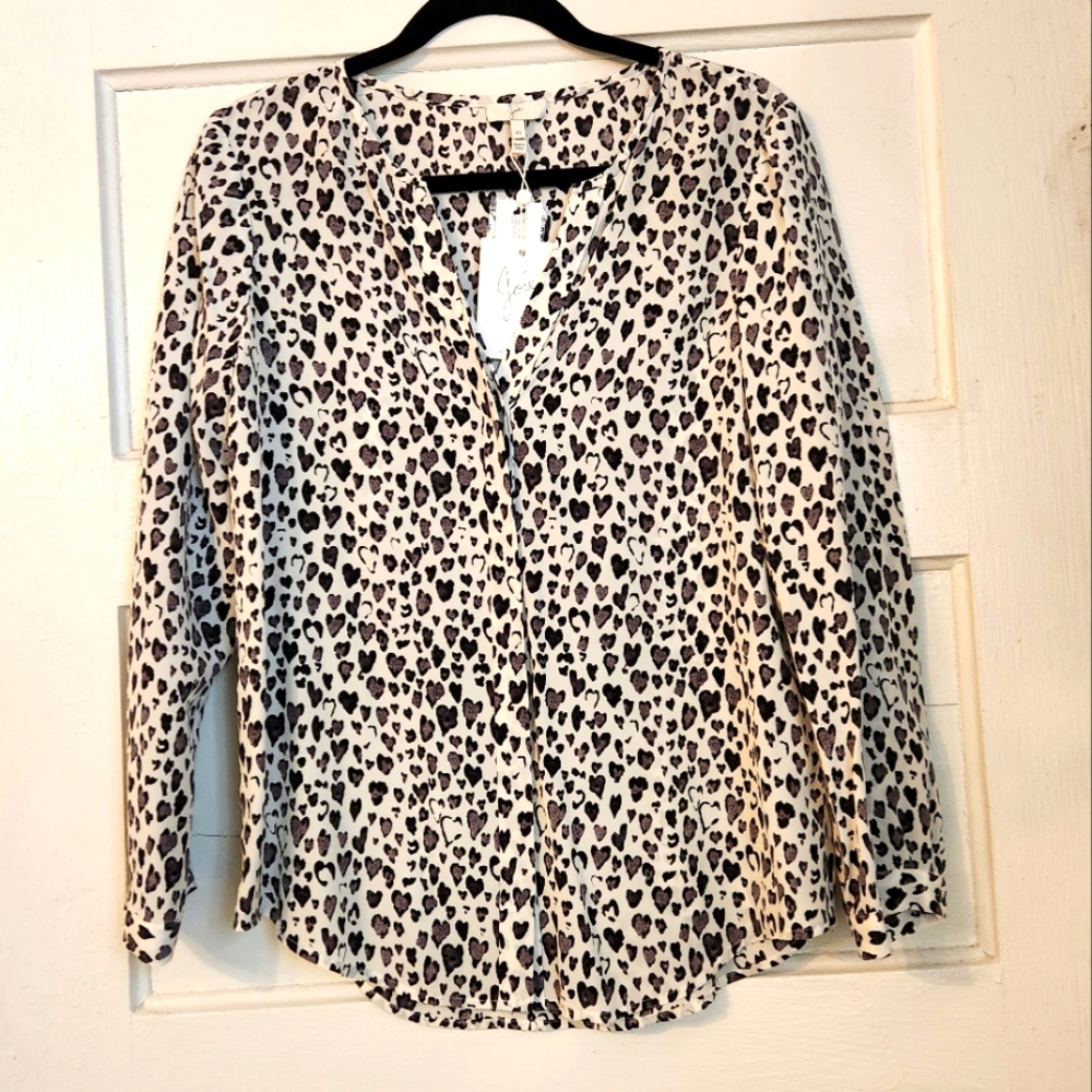Joie Blouse, 100% Silk, Heart Print, Purine Black & White, Long Sleeve Sz XS NWT